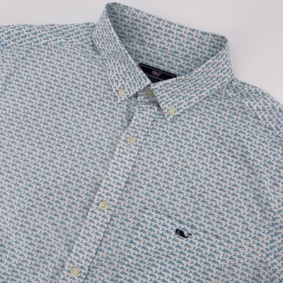 Vineyard Vines Shirt Mens Large Shark Print Classic Fit Tucker Button Down Nylon