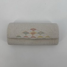 Vintage Unbranded White Beaded Clutch Art Deco Pastel Clutch Bag Evening Satin