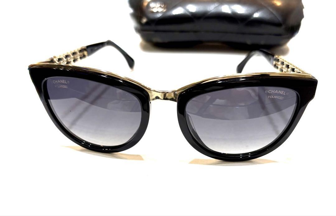 CHANEL 5361-Q-A Cat Eye Polarized Sunglasses Black Gold Chain
