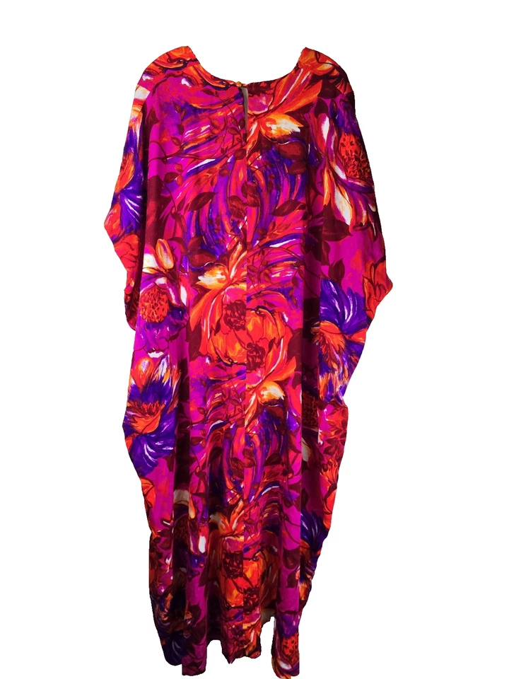 VINTAGE 60s 70s Psychedelic Floral Kaftan Muumuu Maxi Dress Hot Pink Orange... - Image 2 of 4