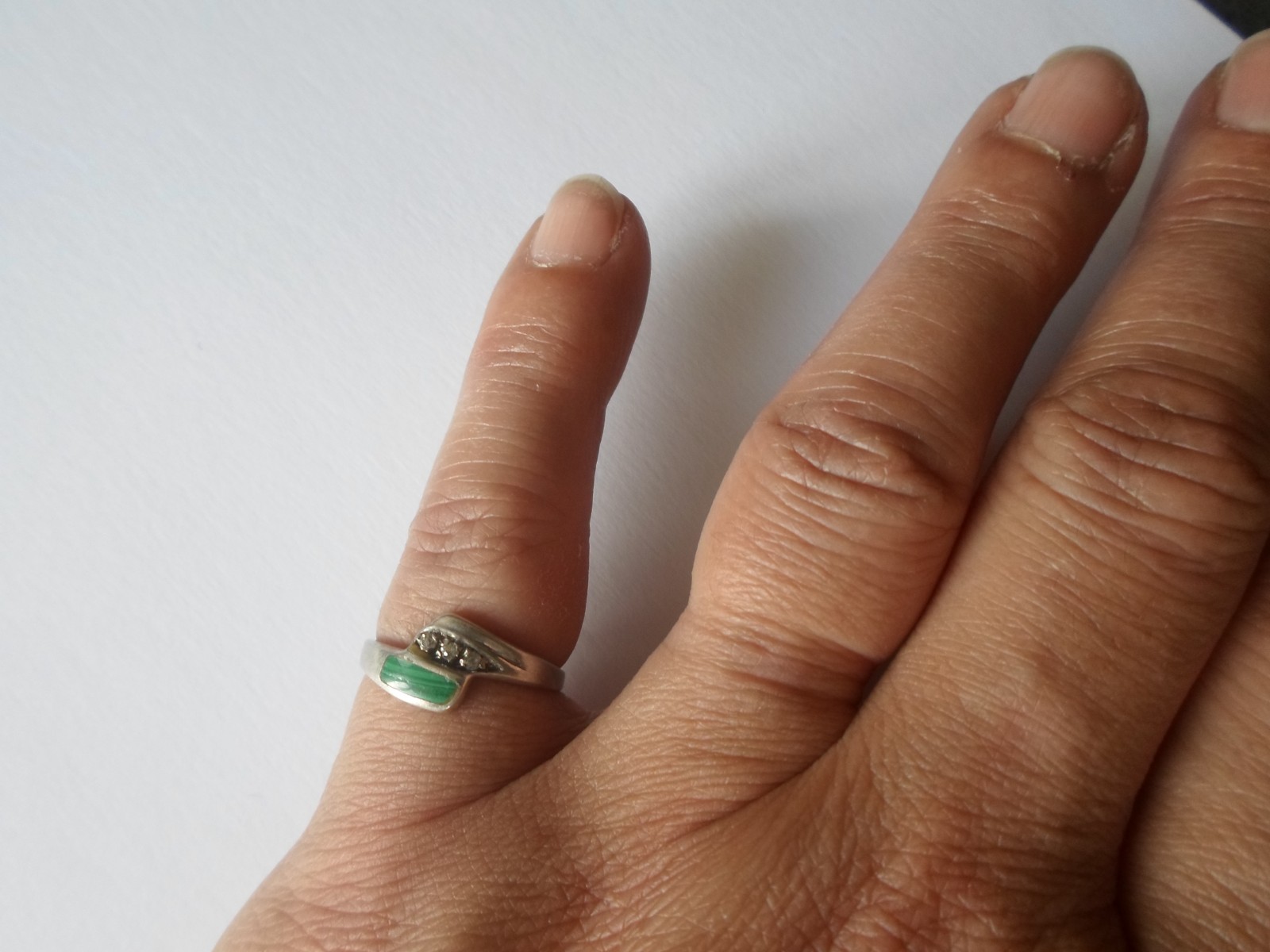 solid silver, malachite and zirconium ring, size … - image 2