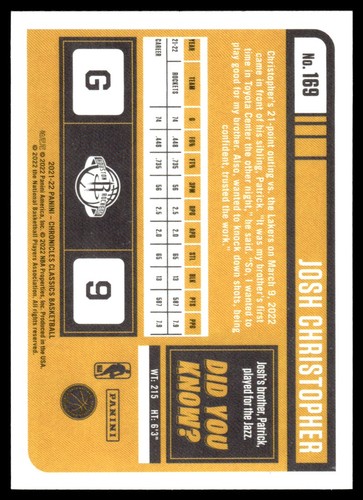 2021-22 Panini Chronicles Classics Josh Christopher Rookie #169 - Zdjęcie 2 z 2