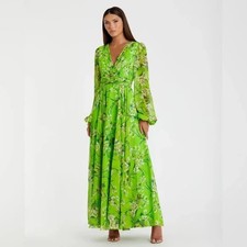 Mac Duggal Green Multi Puff Sleeve Floral Chiffon Gown Dress Size 14 $398