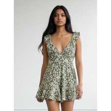NEW SHEIN Garden Brunch Romper Women's LARGE Sage Green Ruffles V-neck NWT
