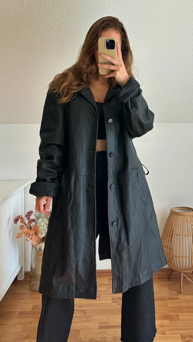 Vintage 90s Black Real Leather Trench Coat Oversize Matrix Bella Hadid Y2K XL