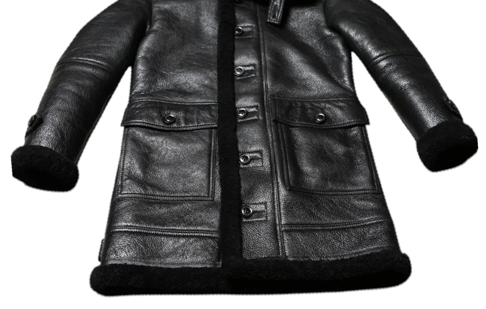 Men's Leather Sheepskin Duffle Coat Black / Black Fur Hooded 100% Shearling Ivar - Image 3 of 4