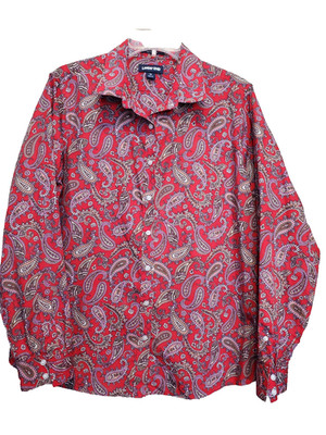 Lands' End Women's Red Paisley Cotton No Iron Supima Button-Up Top Size 16