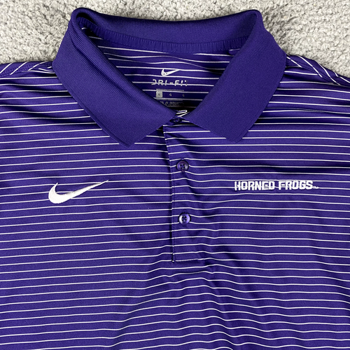 Nike TCU Horned Frogs Polo Shirt Mens Large Purple Dri Fit Striped Performance
