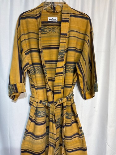 Arloom Southwest Boho Yellow & Navy Striped Cotton Kimono Robe With Waist Tie - Picture 2 of 7