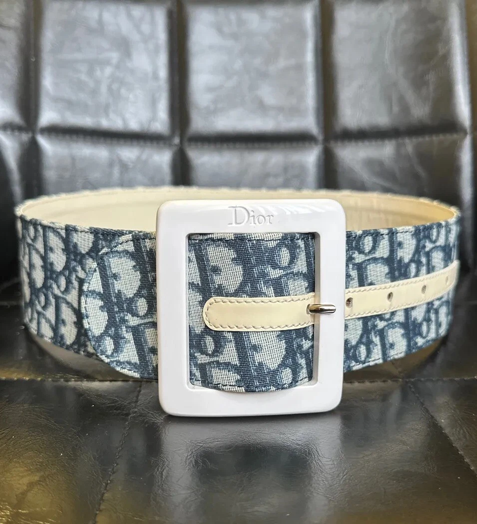 Ceinture large Dior Galliano vintage 00 Y2K logo bleu trotteur imprimé monogramme oblique