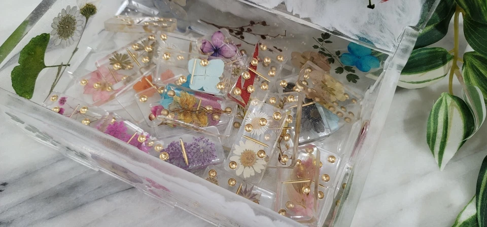 Handmade Resin Art Dried Pressed Flowers Clear Dominoes with Box Domino Set gift - Image 3 of 4