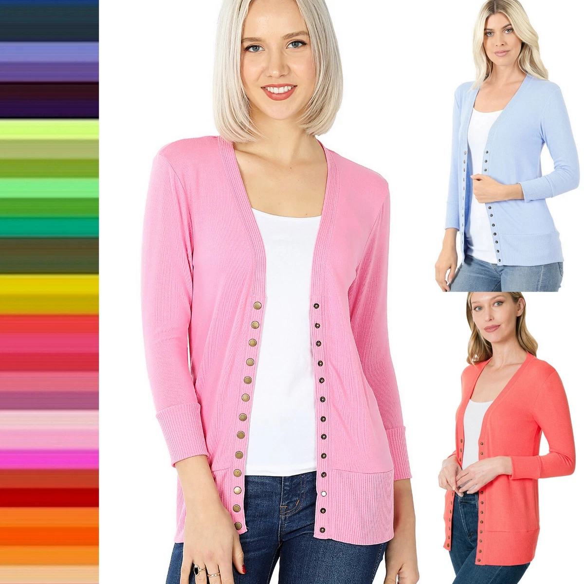 Women\'s 3/4 Sleeve Snap Button Detail Cardigan Sweater Neck V | Ribbed Front eBay