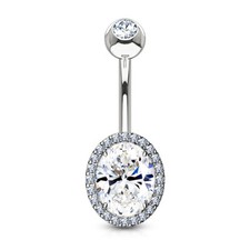 Oval Prong Set CZ Double Tier Surgical Steel Navel Belly Button Ring 14g