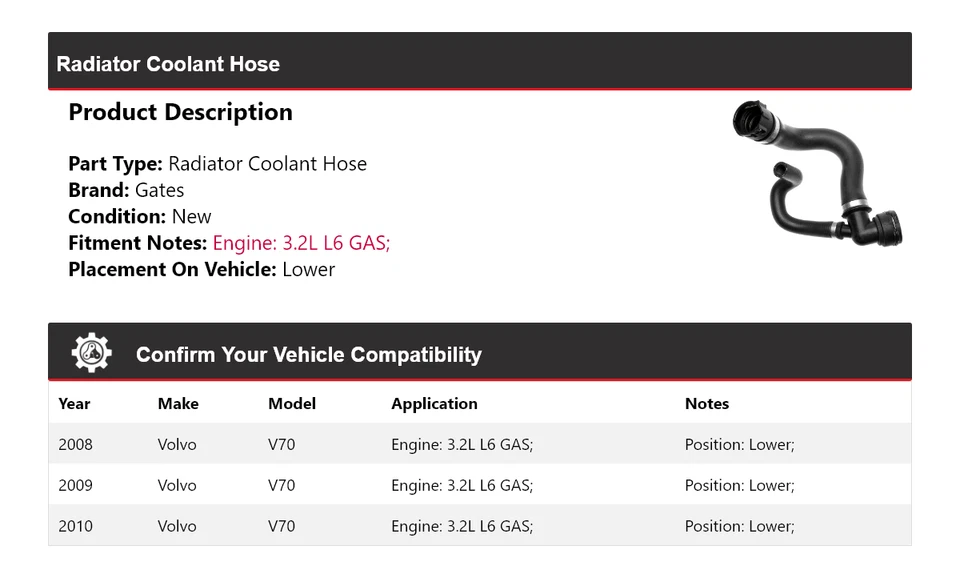 For 2008-2010 Volvo V70 3.2L L6 GAS Radiator Coolant Hose Lower Gates 2009 - Image 2 of 4
