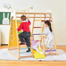 NNECW 8-in-1 Wooden Jungle Gym Playset with Monkey Bars &amp Climbing Ladder-Mul