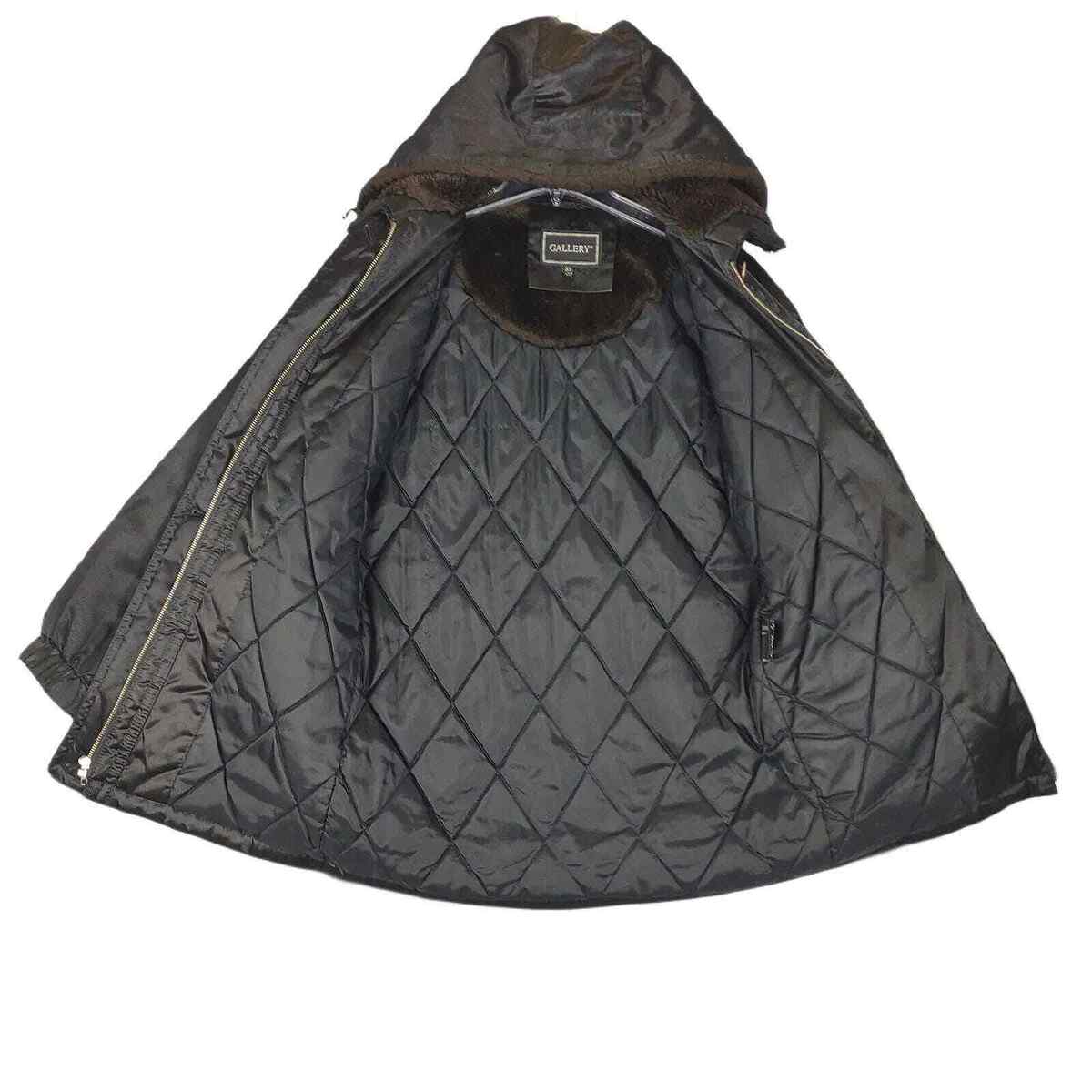 Vtg Y2K GALLERY Black Satin Faux Fur Hood Full Zip Quilted Vtg Y2K GALLERY Black Satin Faux Fur Hood Full Zip Quilted