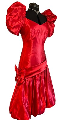 Vtg 80s Red Satin Dress Small Drop Waist Asymmetric Puff Sleeves Bow  Christmas | eBay