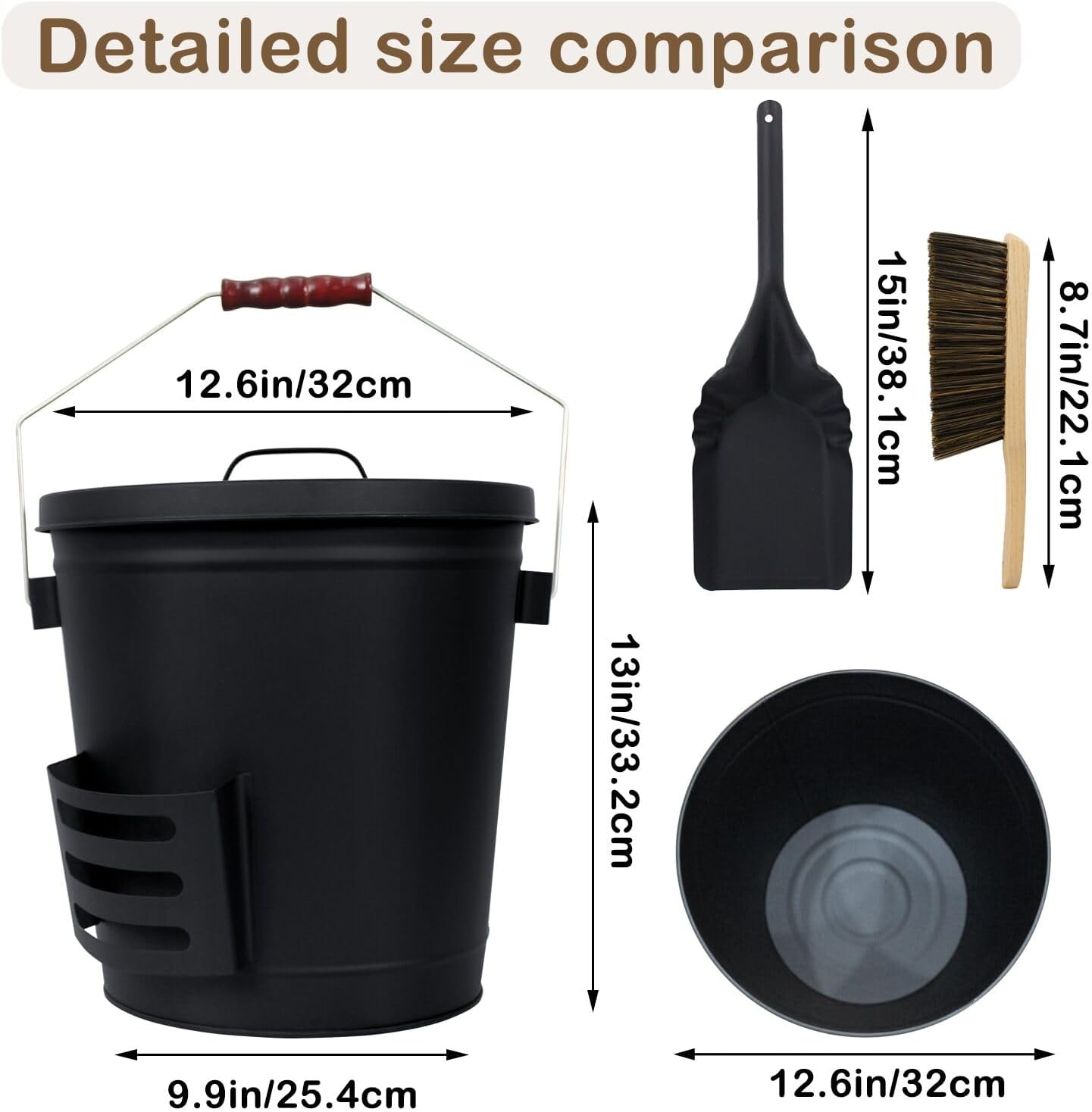 Set Pulizia Camino - Secchio Cenere Con Coperchio, Pala E Scopa In Metallo - Per Interni Ed Esterni, Stufe A Legna, Bracieri, Griglia - Foto 6