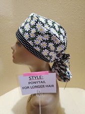 Daisies Black Women's Ponytail Surgical Scrub Hat/Cap Handmade
