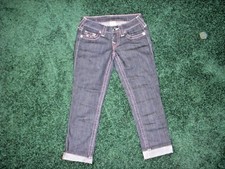 True Religion Girls Capri Jeans, Size 24, Dark Wash With Pink Contrast  607 