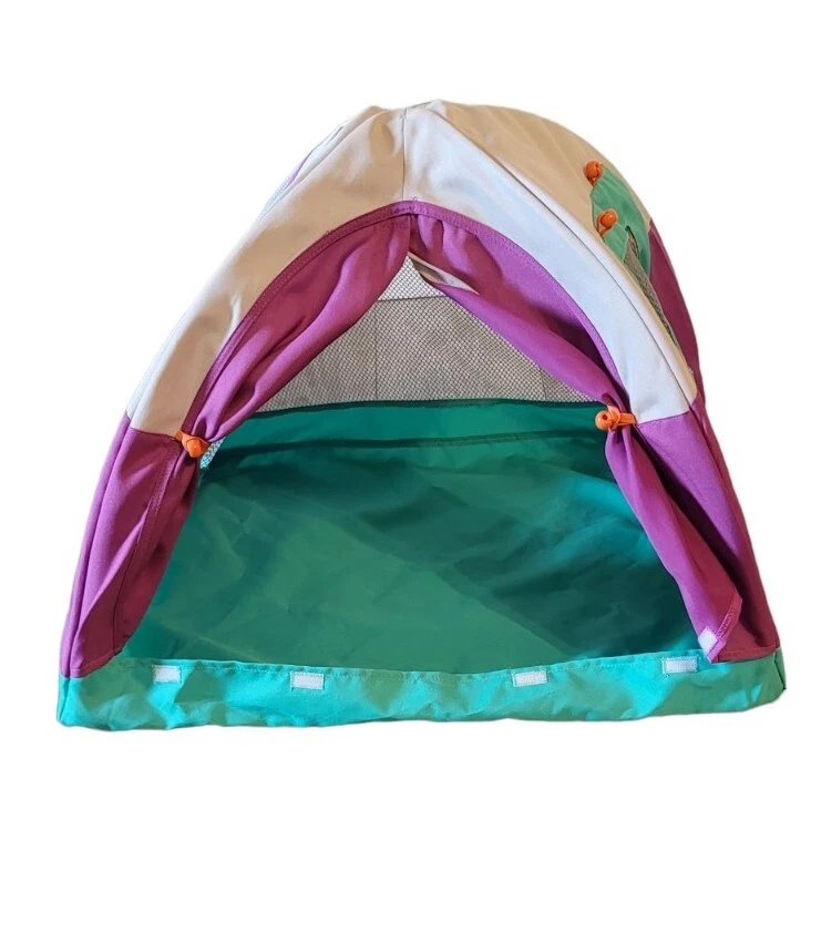 poupée américaine fille tente camping violet, aqua, gris