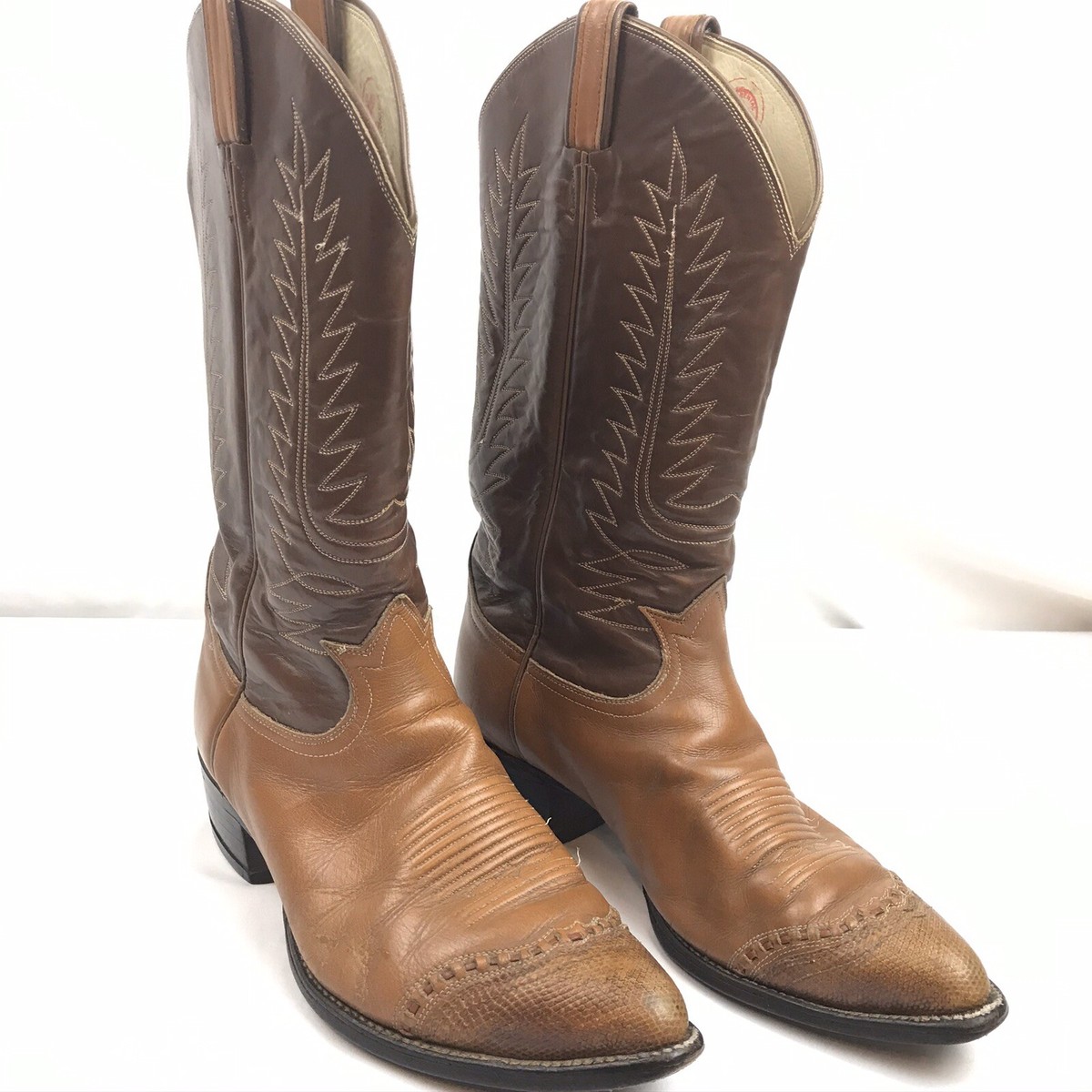 Vtg Tony Lama Cowboy Boots 6243 Lizard Skin Toe Wing Tip Brown Sz