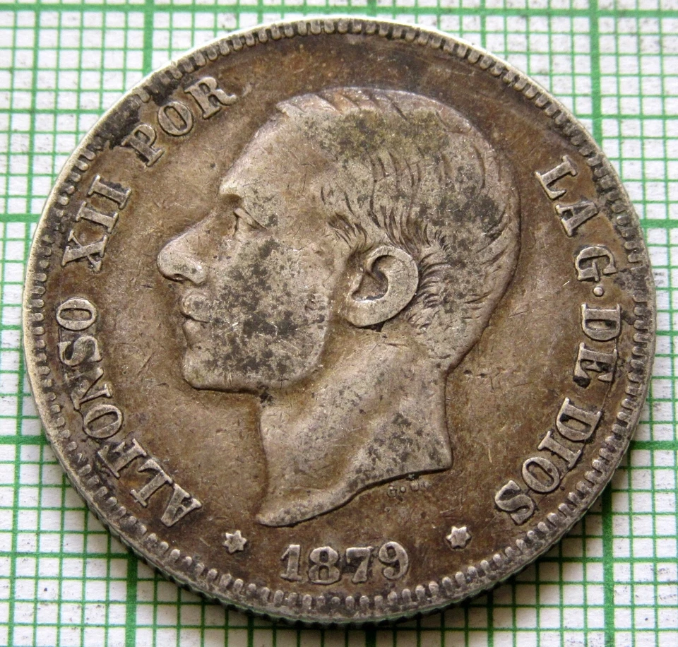 ESPAÑA ALFONSO XII 1879 2 PESETAS, Escudo Coronado 0.835 PLATINA Foto 4 de 4