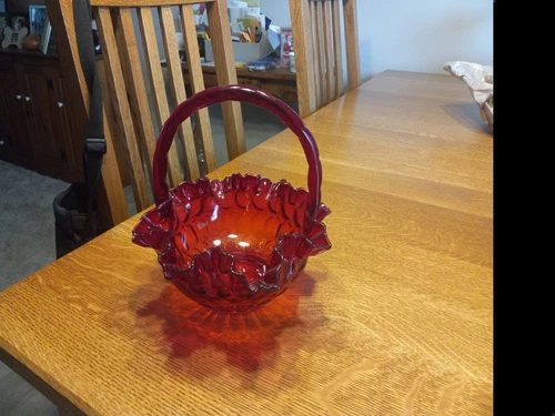 Vintage Fenton Ruby Red Cabbage Rose Glass Basket, Ruffled Edge, Amberina, Nice!