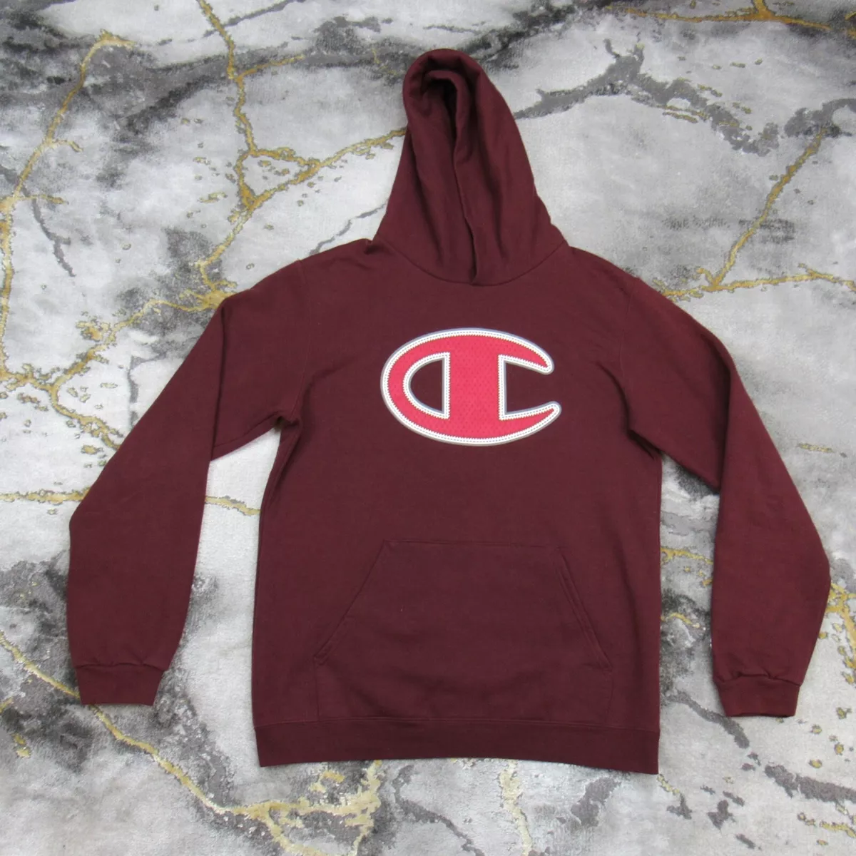 Champion Hoodie Sweatshirt Youth Boys XL Long Sleeve Grey C Patch Logo Maroon