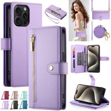 For iPhone 17 16e 16 15 14 13 12 Pro Max 8 Plus Zip Wallet Case Flip Cover Strap