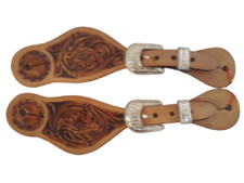 Adjustable Youth size FLORAL TOOLED SPUR STRAPS w/ Crystal rhinestone buckles