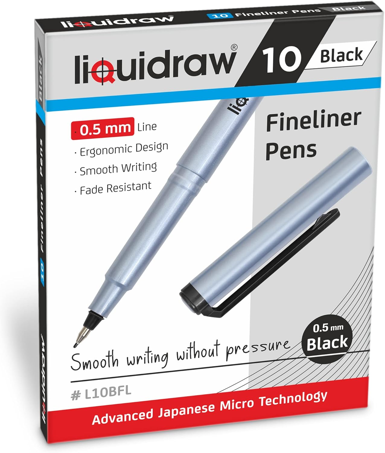 Liquidraw Black Fineliner Pens - 10 Set | Fine 0.5 Mm Tip | Easy Storage Wallet