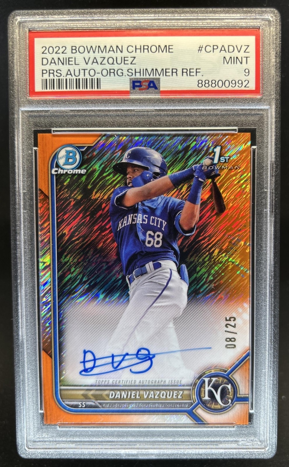 2022 Bowman Chrome Daniel Vazquez Auto Orange Shimmer Refractor 1st #/25 PSA 9
