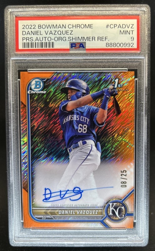 2022 Bowman Chrome Daniel Vazquez Auto Orange Shimmer Refractor 1st #/25 PSA 9