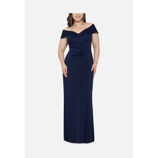 Xscape Size 4 NWT XC187 Navy Off Shoulder Formal Gown Long Ruched Evening Dress