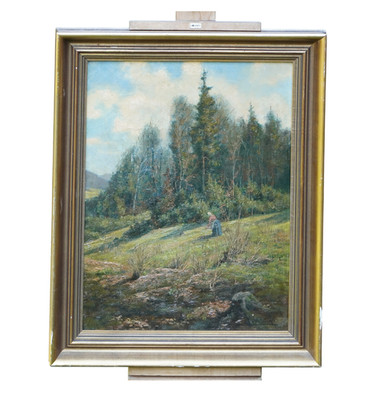 Eugen Hacker Landschaft am Waldrand Ölbild signiert Original mit Rahmen