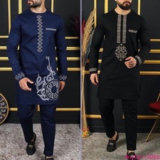 New 2PC Men's Clothing Round Neck Long Sleeve Pants African Set Ethnic Clothing