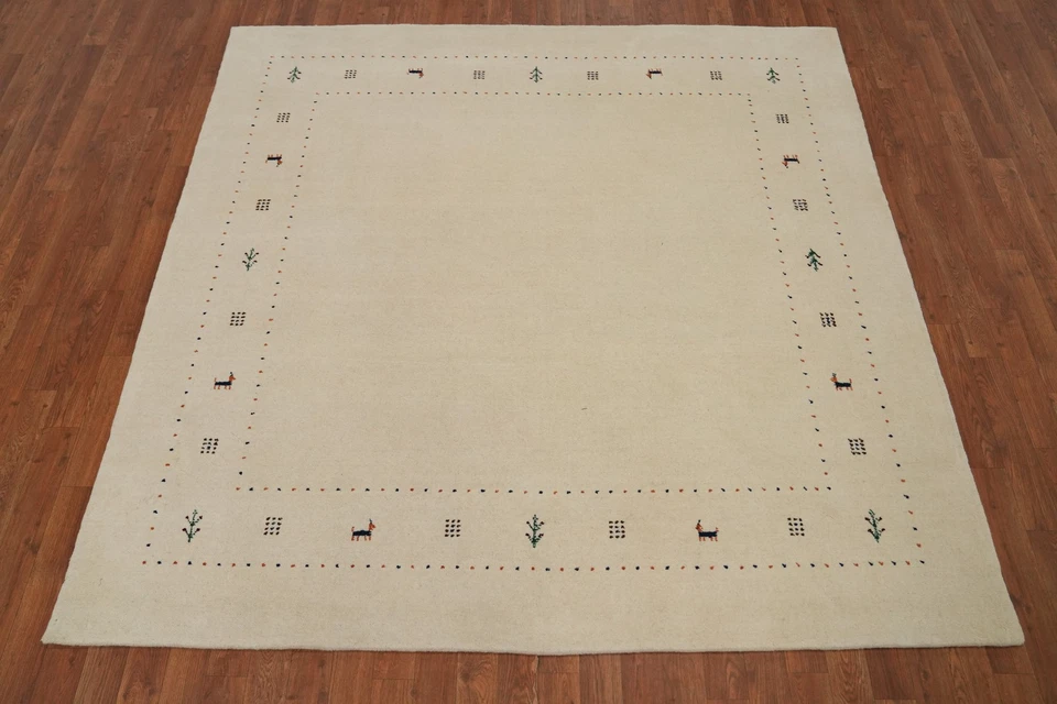 Bordered Tribal Style Handmade Wool Indian Area Rug 7x7 ft Square Carpet - Image 4 of 4