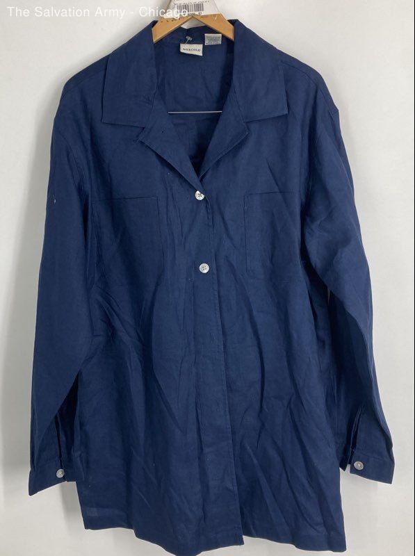 Merona Womens Navy Blue Linen Long Sleeve Pockets Button-Up Shirt Size L