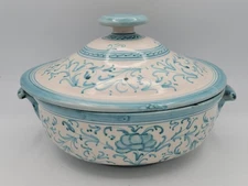 Deruta Floral Round Risotto Covered Dish Lid Casserole Pot Italy Turquoise Blue1