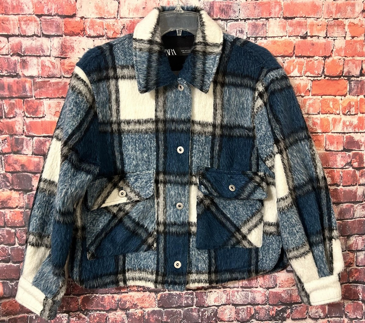 未使用品！ZARA wool blend button jacket サイズS ZARA Women's Plaid Wool Blend Jacket Blue White Check Button Front