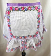 Vintage Style Floral Half Apron Purple Rose Houndstooth Ruffle Ribbon Tie Waist