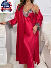 Women'S Luxury Lace Red Pajama Set 2 Piece Long Robe and Nightdress Bridal or Da