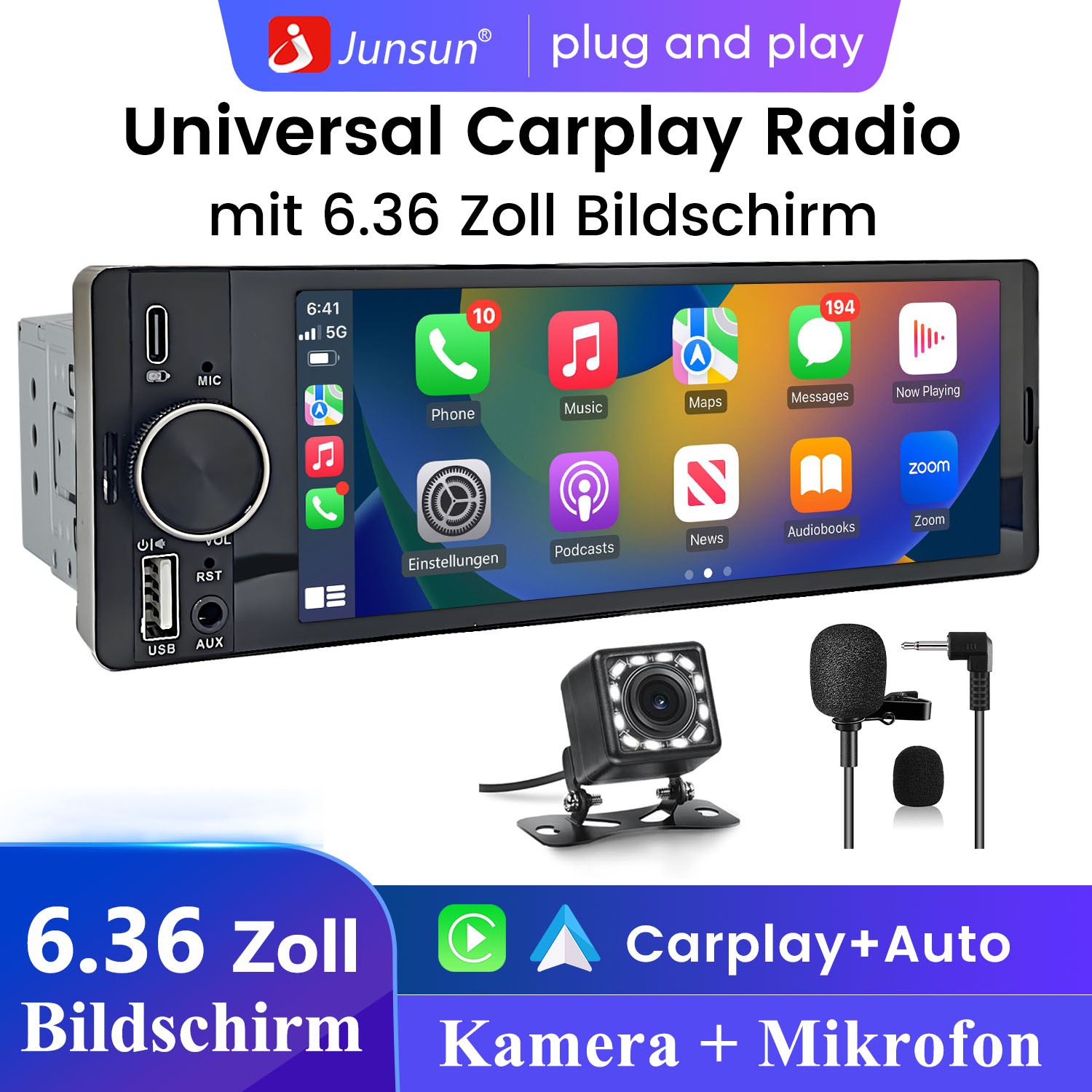 Autoradio 6.36" Wireless con Bluetooth e Fotocamera
