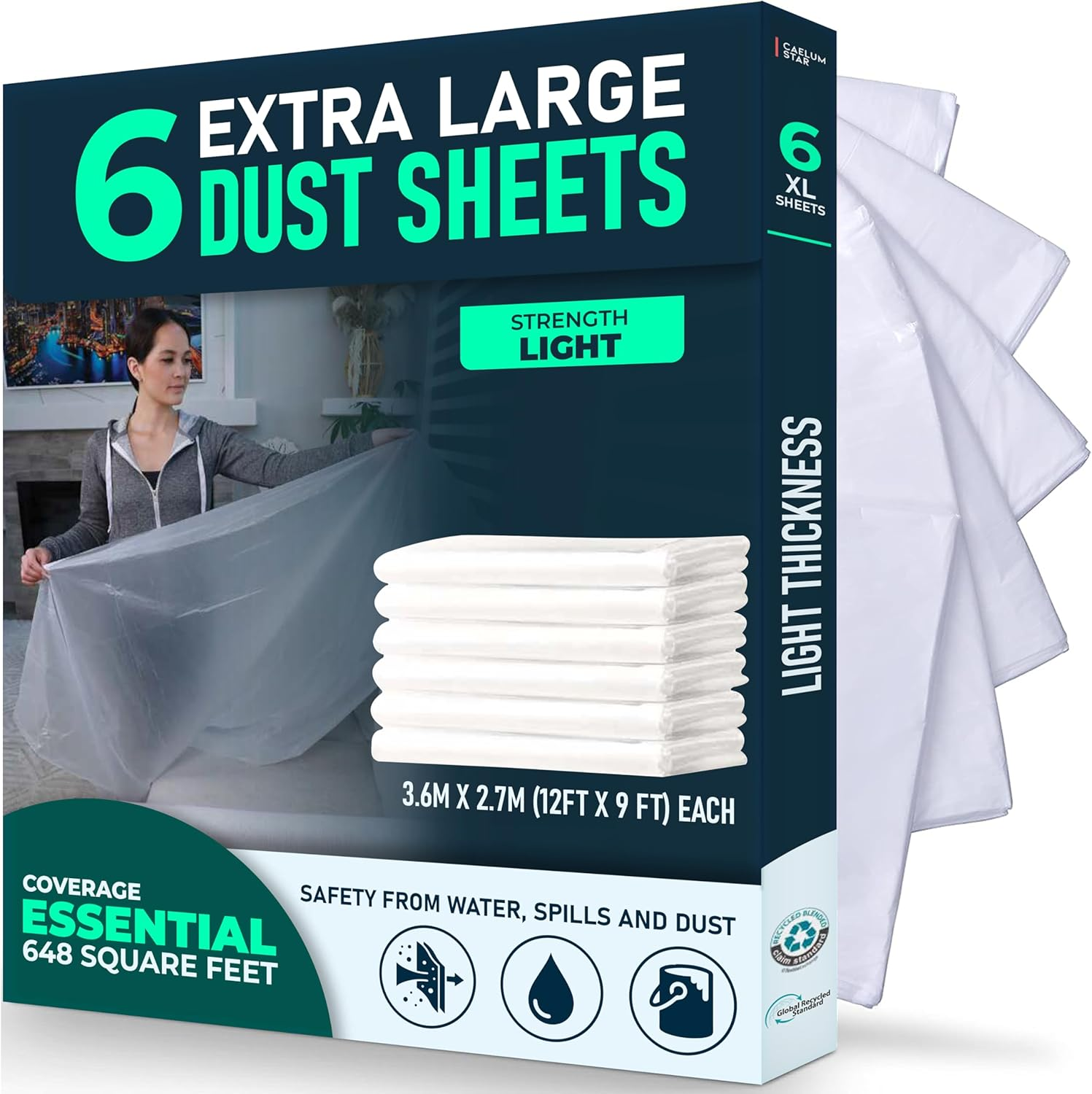 CS 6 Pack Extra Large Plastic Dust Sheets for Decorating 3.6 X 2.7M (12 X 9Ft),