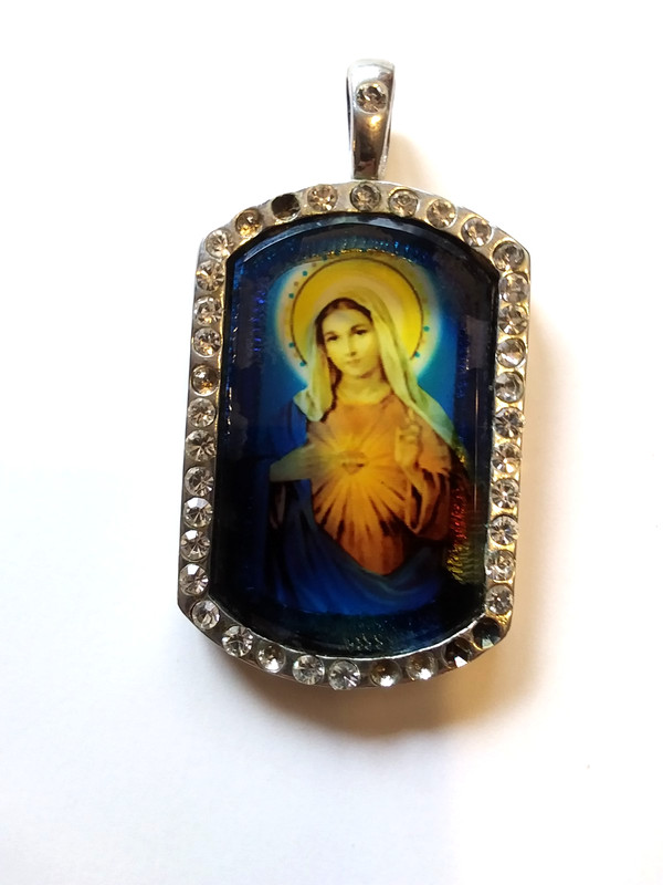 Vintage Virgin Mary heart pendant see thru jewelry silver toned rhinestone trim 