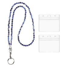 Beaded Lanyards with 2 Horizontal ID Badge Holders for Women, Blue