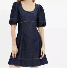 LOFT Dress Denim Puff Sleeve Mini Peasant Scoop Neck Preppy Cottage Size 4 NWT