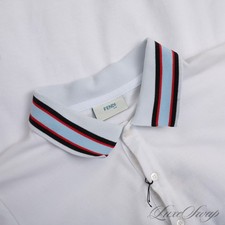 Fendi Made in Portugal White Blue Red Piped FF Monogram Collar Polo Shirt 12 