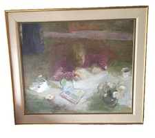 Gerard Rigot - 1965 dipinto olio su tela "Bambino su tavola" 35 1/2" x 30 1/2"